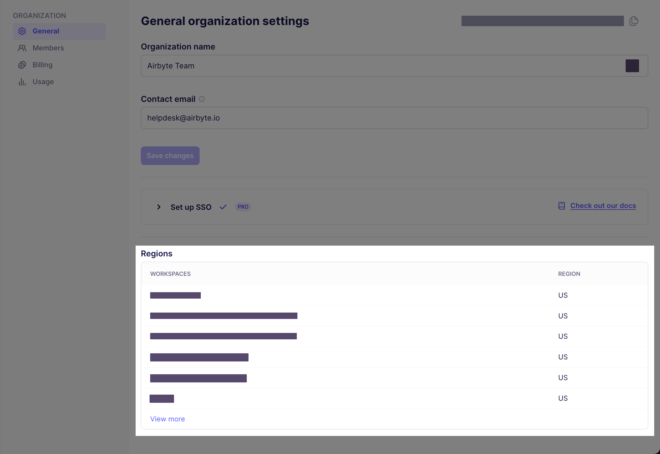 Multiple regions displayed in Airbyte&#39;s General Organization settings